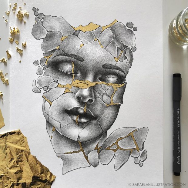 Disegno donna con volto riparato con l'oro del kintsugi