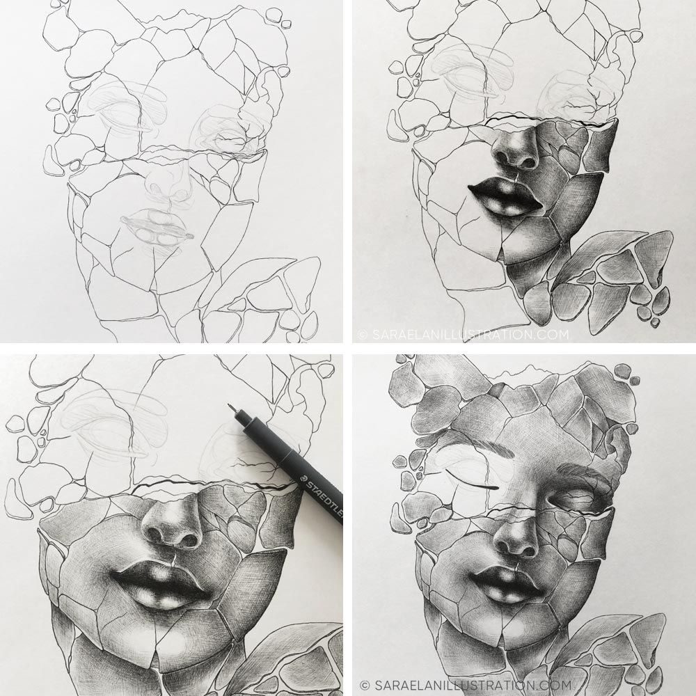 Disegno viso di donna rotto in tanti pezzi come una statua o una bambola di porcellana