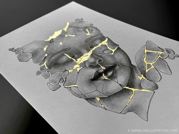 Stampa kintsugi con riflessi di luce è dalle crepe che entra la luce