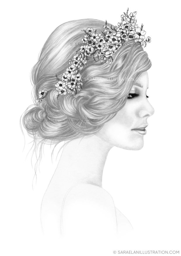 Disegno di profilo di donna con fiori nei capelli
