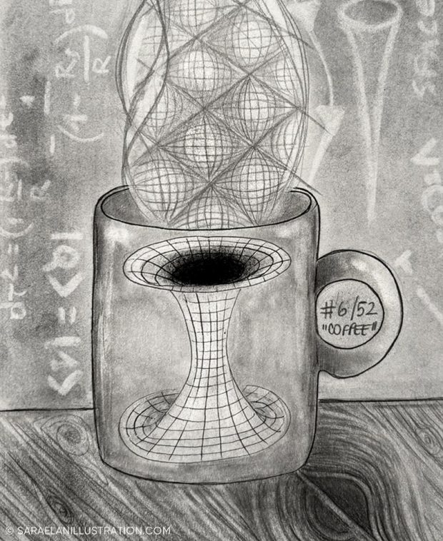 Tazza di caffè con disegno di un buco nero