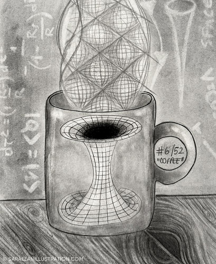 Tazza di caffè con disegno di un buco nero