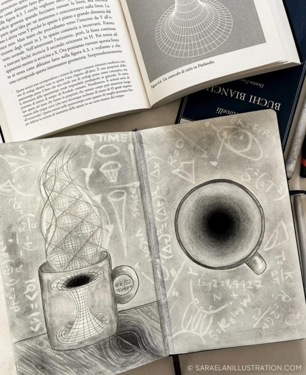 Disegno di un vero buco nero con formule matematiche nella tazza del caffè realizzato su moleskine
