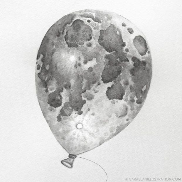 Disegno di una luna palloncino in inchiostro effetto acquerello