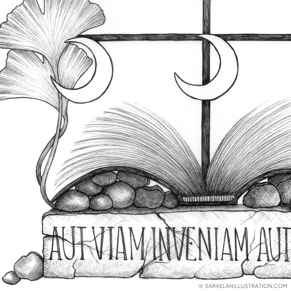 Dettaglio disegno con vecchia pietra e pagine di libro in inchiostro