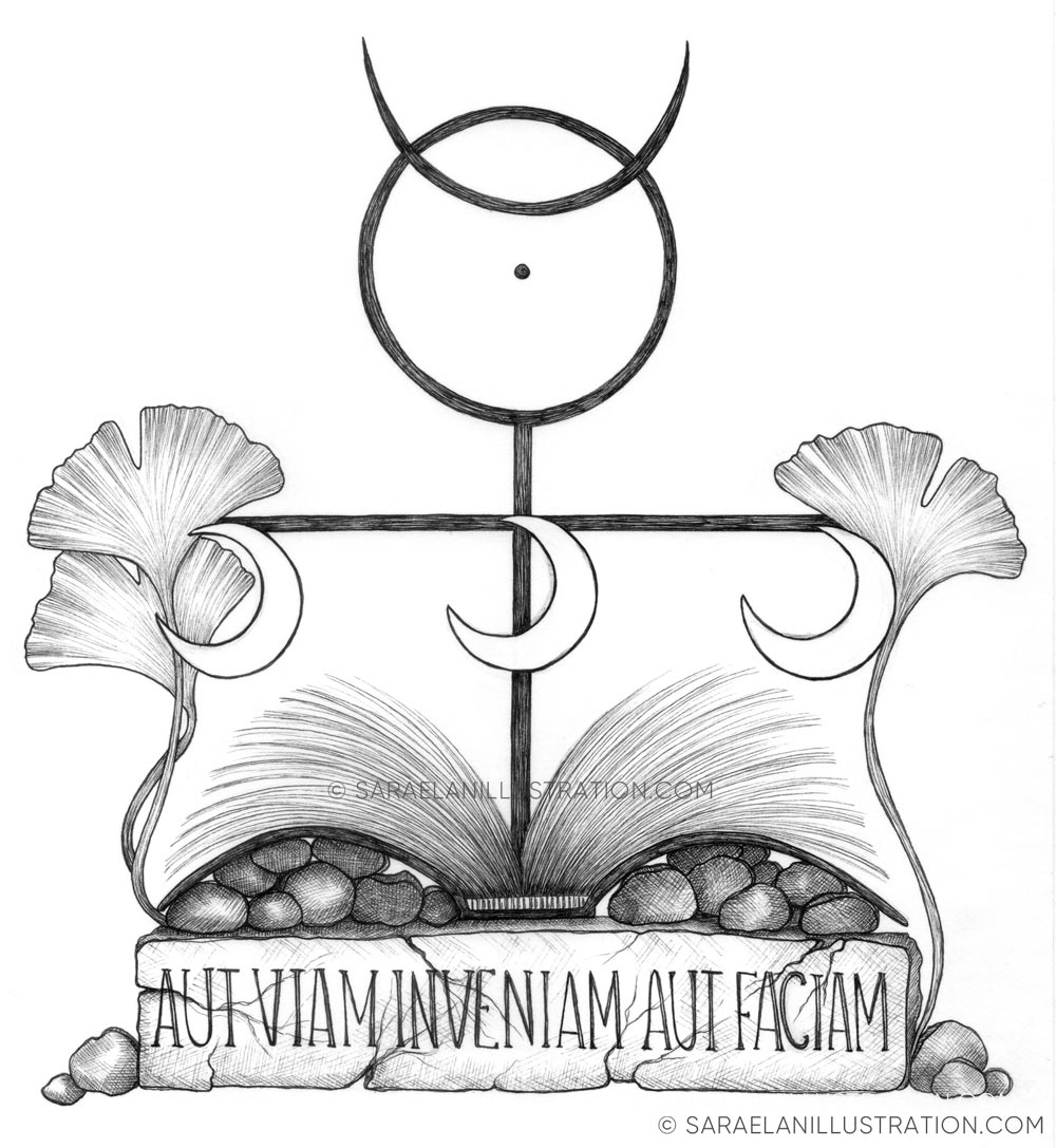 Disegno personalizzato per timbro Ex Libris con libro aperto, Monade geroglifica di John Dee, luce crescenti e foglie di Ginkgo Biloba