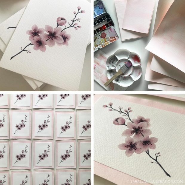Disegno fiori di ciliegio con acquerello rosa
