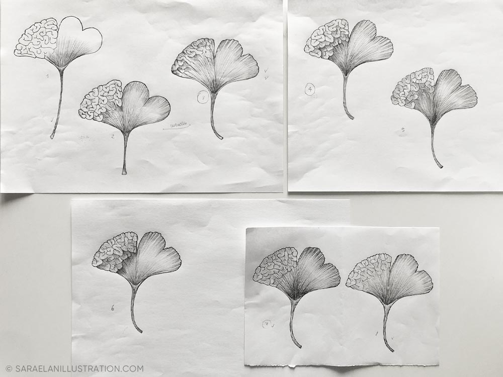 Bozze disegno personalizzato foglia di Ginkgo Biloba metà cuore e metà cervello