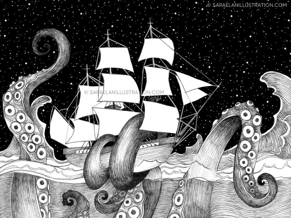 disegno kraken polpo gigante dettaglio nave con tentacoli