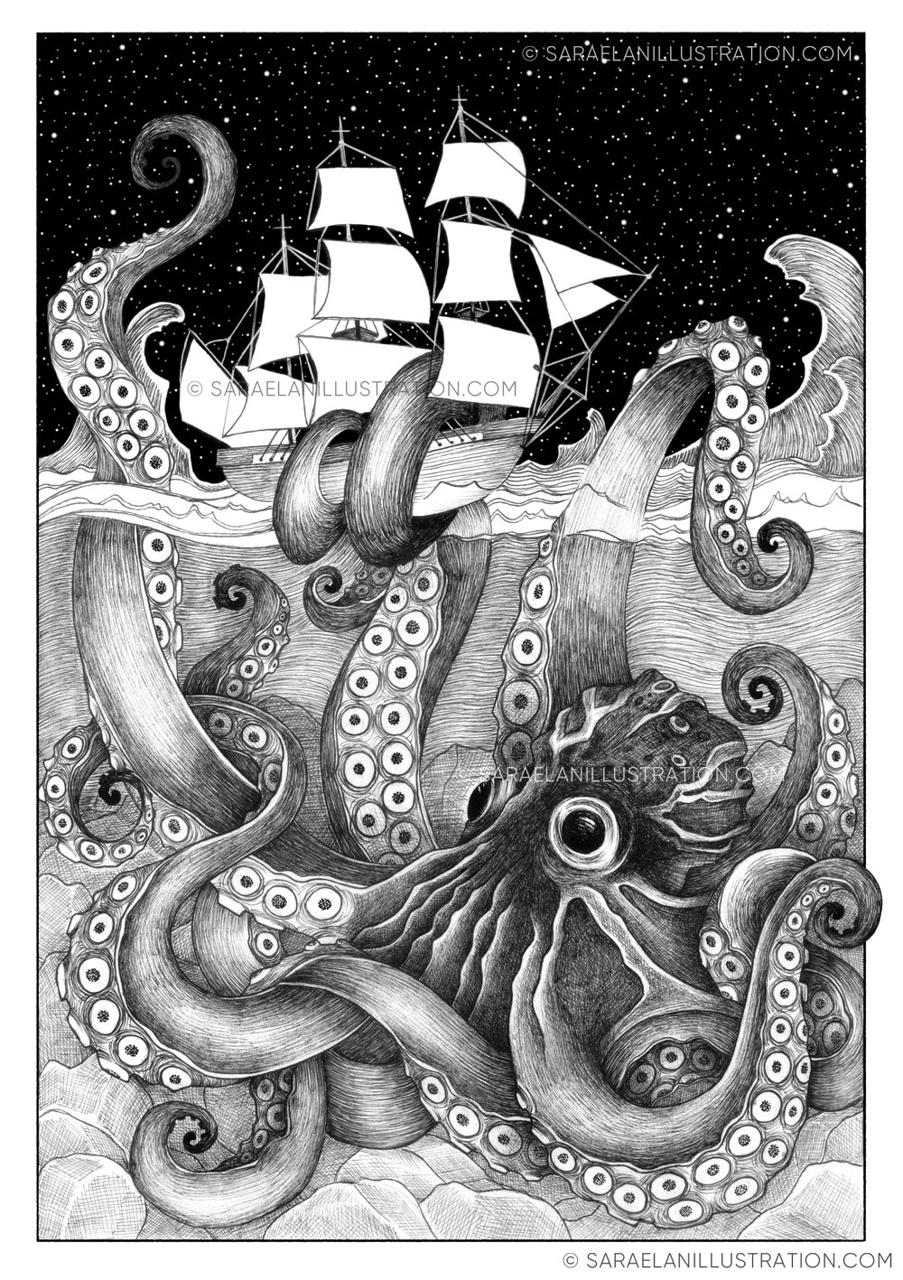 disegno kraken polpo gigante che cattura una nave con tentacoli