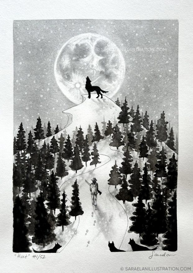 Disegno lupo e cacciatore - HUNT 1/52 Inktober52