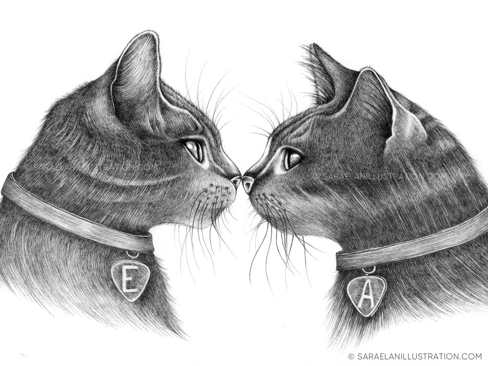 Disegno personalizzato di due gatti che si baciano in inchiostro e tratteggio