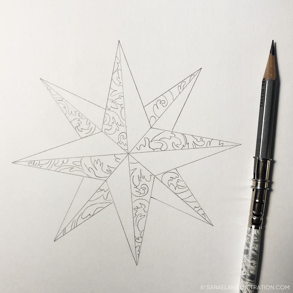 Disegno di una rosa dei venti con decorazioni liberty