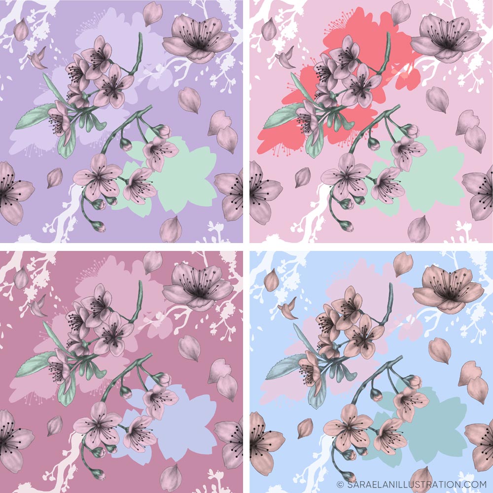 Prove colore per pattern con fiori di ciliegio rosa e azzurro