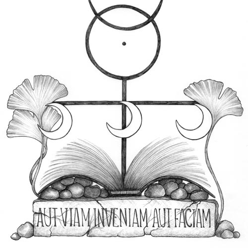 Disegno personalizzato per timbro Ex Libris con libro aperto, Monade geroglifica di John Dee, luce crescenti e foglie di Ginkgo Biloba