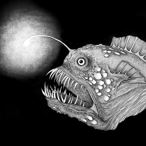 Disegno di un pesce abissale con la luce della lanterna archetipo dell'oscurità