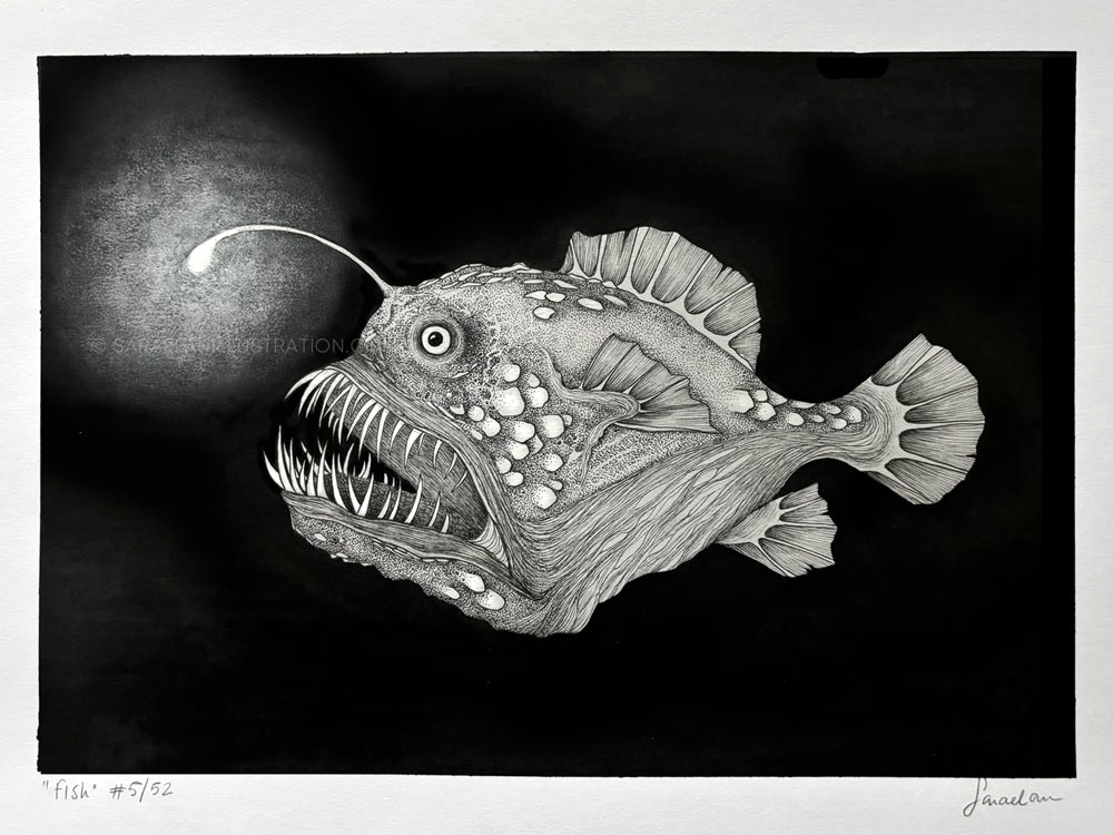 Disegno pesce abissale con luce della lanterna realizzato per Inktober52