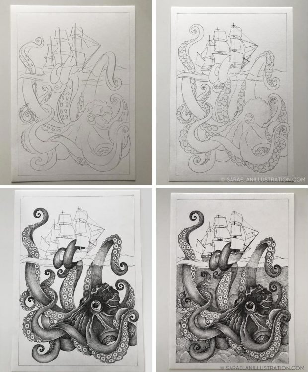 Bozze e fasi di realizzazione illustrazione di un polpo gigante