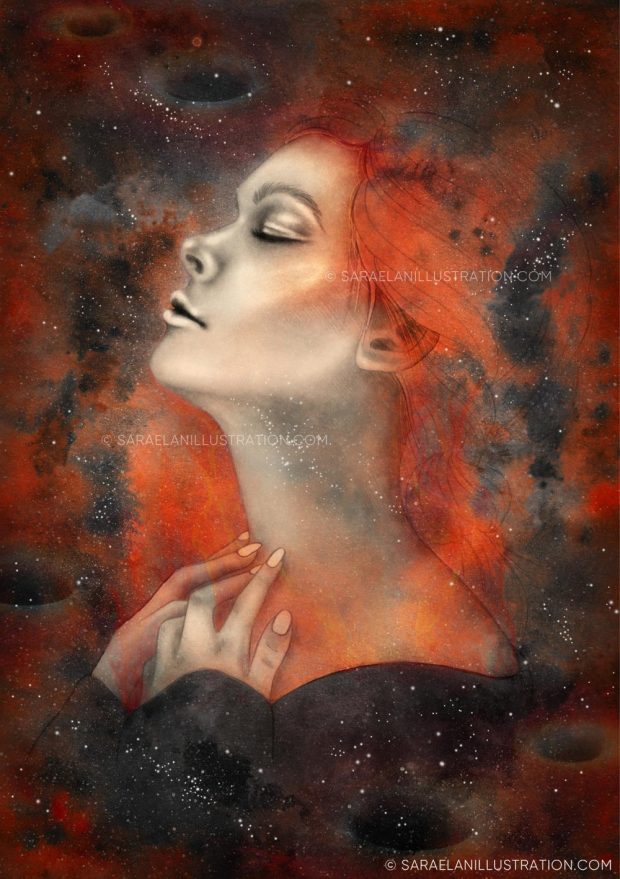 Disegno di ragazza sole con buchi neri che brucia in un cielo cosmico di nebulose arancioni