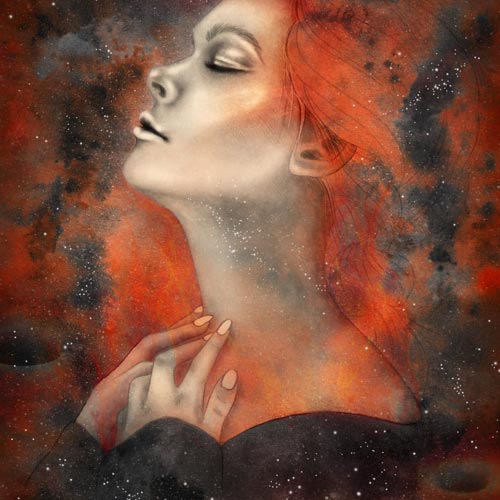 Disegno ragazza sole con buchi neri che brucia in un cielo cosmico di nebulose arancioni