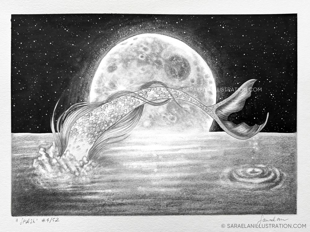 Disegno sirena con coda argentata che si tuffa in mare con luna piena e cielo stellato creato per Inktober52