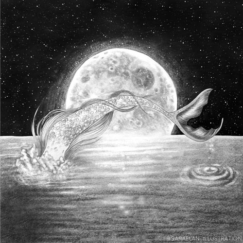 Disegno sirena che si tuffa in mare con luna piena archetipo della sirena