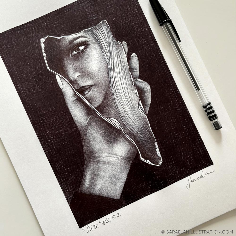 Disegno pezzo di specchio con volto di donna riflesso