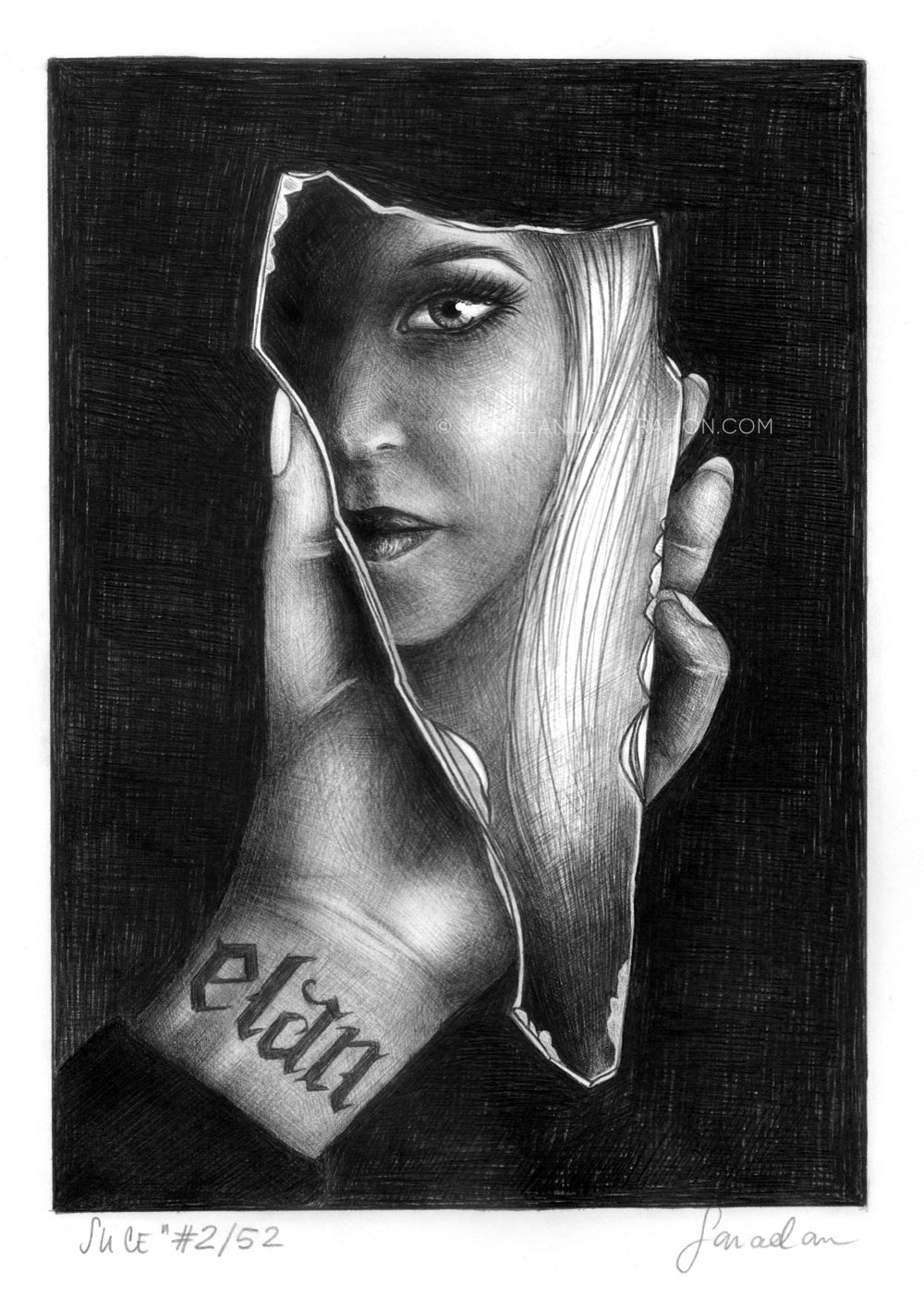 Disegno mano che tiene specchio con dentro autoritratto