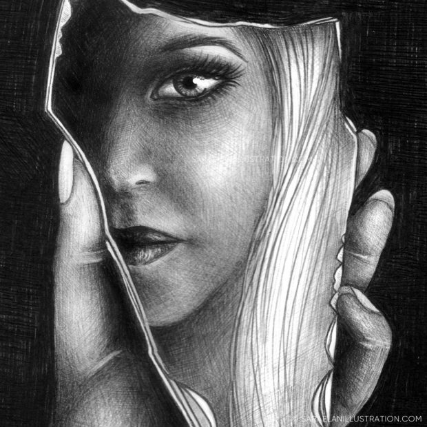 Disegno pezzo di specchio con viso di donna riflesso