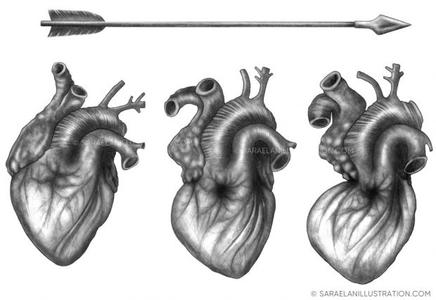 Disegno trittico di un cuore trafitto da una freccia