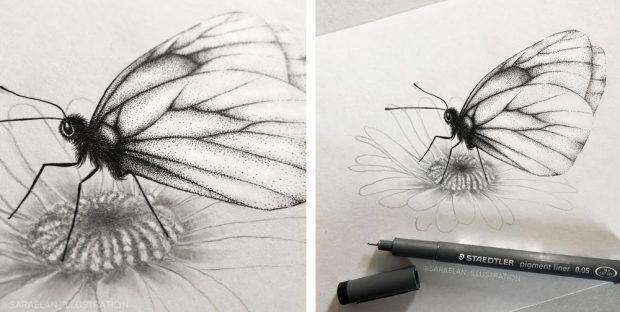 Ali di farfalla fatte di puntini di inchiostro e tecnica dotwork