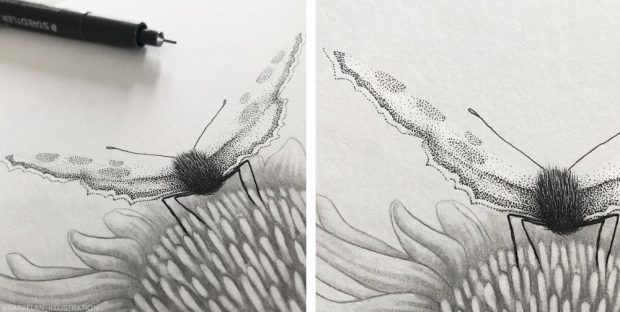 Ali di farfalla fatte di puntini di inchiostro e tecnica dotwork