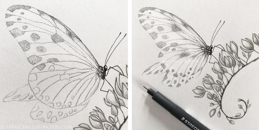 Disegni di farfalle con ali fatte di puntini di inchiostro e tecnica dotwork