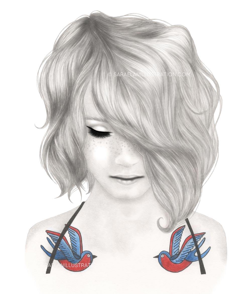 Disegno di ragazza con tatuaggi di rondini rossi e blu