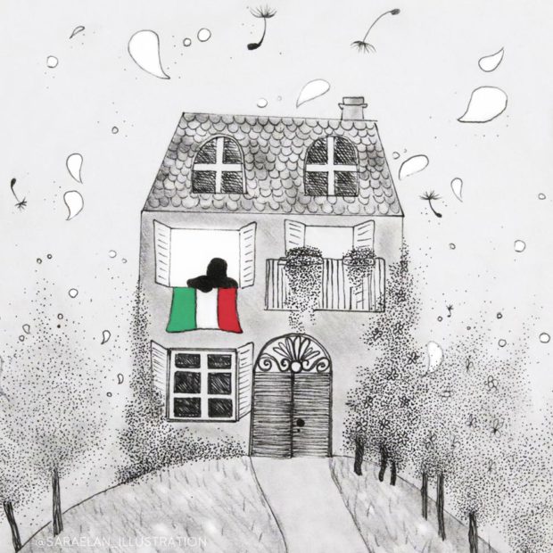 Disegno di casa con la bandiera italiana appesa alla finestra