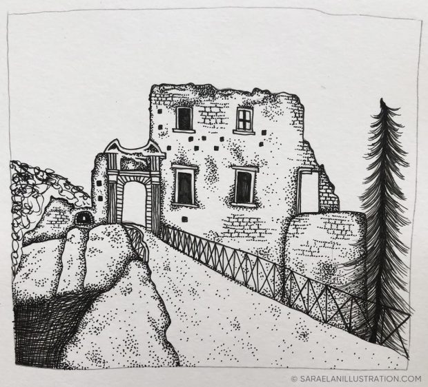 Illustrazione in inchiostro dei ruderi del castello della valle di Fiumefreddo Bruzio
