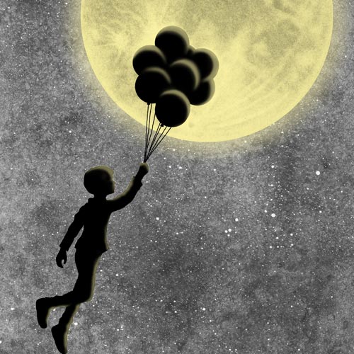 illustrazione personalizzata per bomboniera cresima - disegno di bambino in volo nel cielo con luna e palloncini