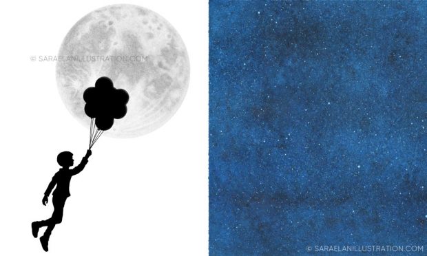 illustrazione personalizzata per bomboniera - silhouette di bambino con palloncini luna e cielo stellato