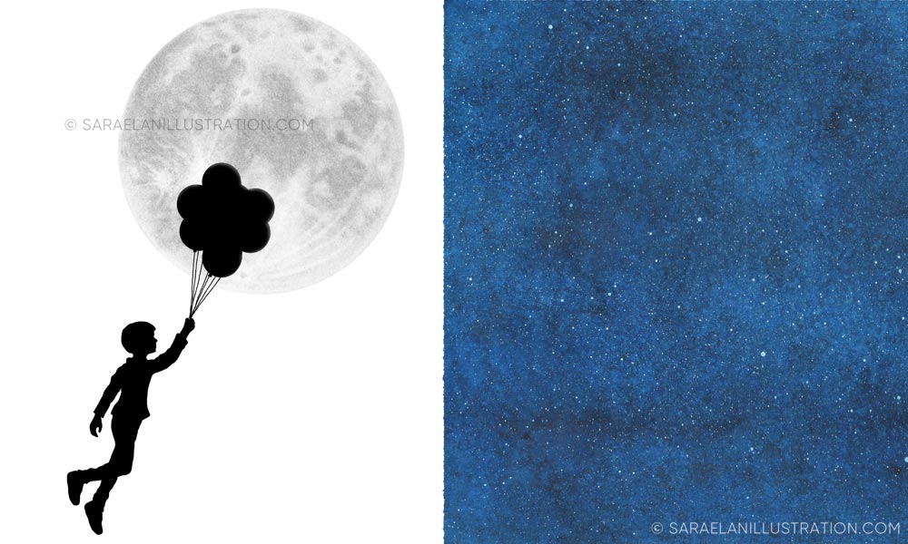 illustrazione silhouette bambino in volo con palloncini con luna piena e cielo stellato