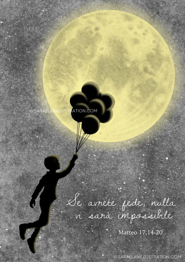 illustrazione personalizzata per bomboniera cresima - disegno di bambino in volo con luna e palloncini