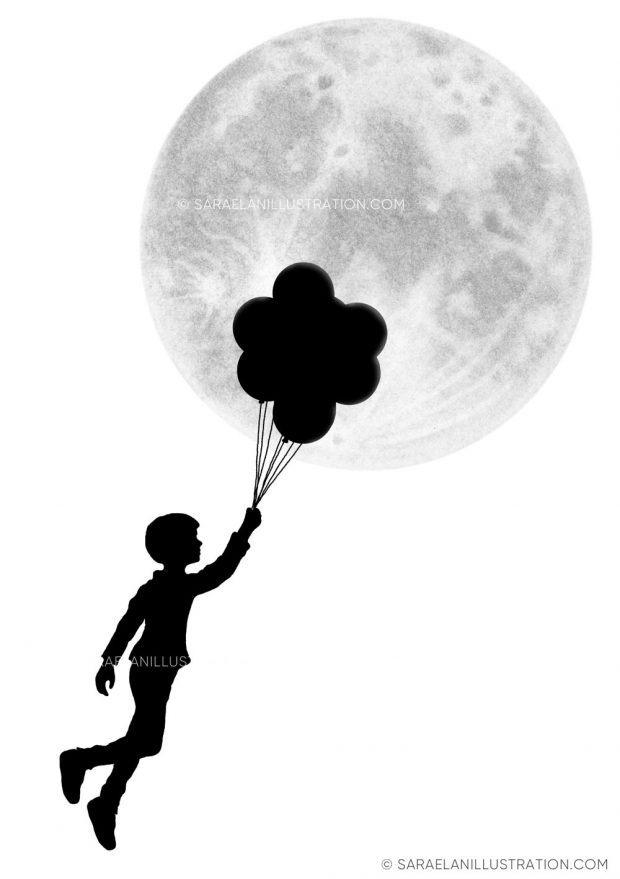 illustrazione silhouette bambino in volo con palloncini con dietro la luna piena