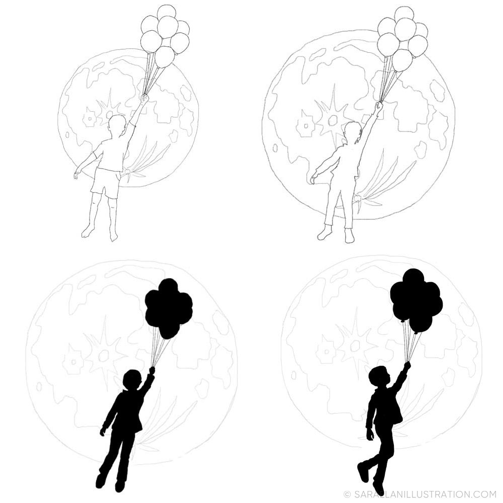 illustrazione personalizzata per bomboniera - silhouette di bambino con palloncini