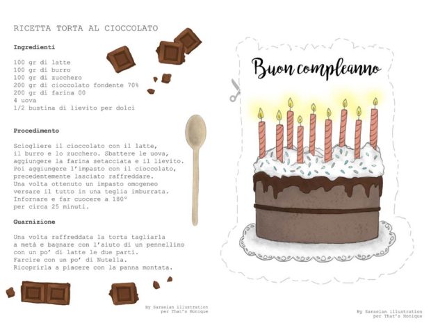 Illustrazioni personalizzate per newsletter di novembre con ricetta per torta al cioccolato e cake topper stampabile