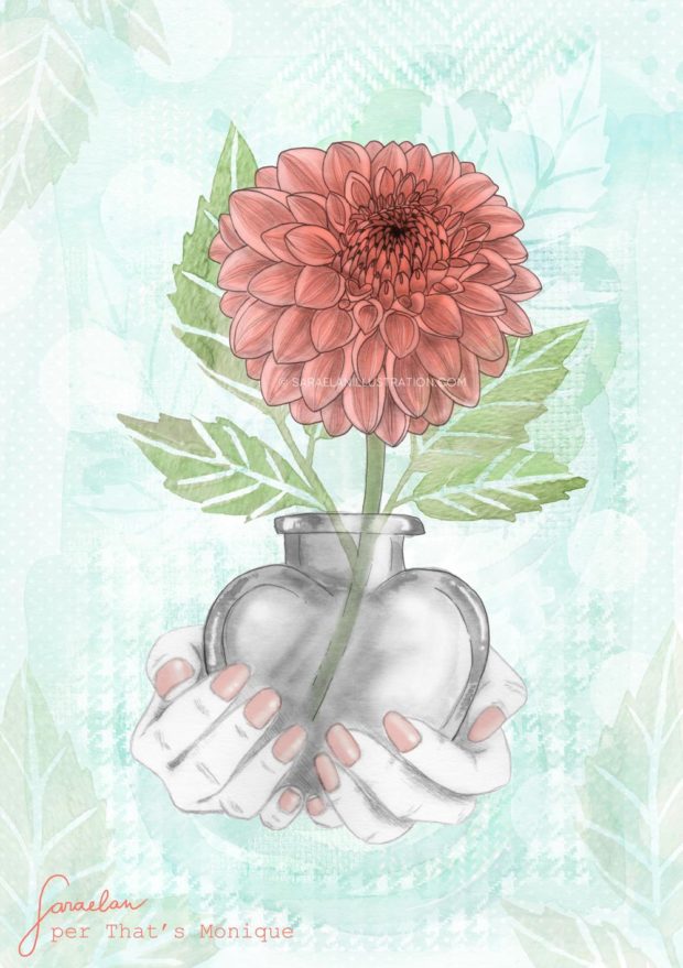 Illustrazione di Dalia color corallo e verde menta dentro a un vaso a forma di cuore