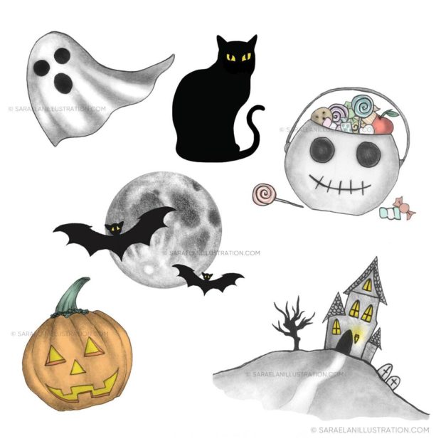 Illustrazioni personalizzate per newsletter di ottobre a tema halloween con gatto nero zucca fantasmino e casa infestata