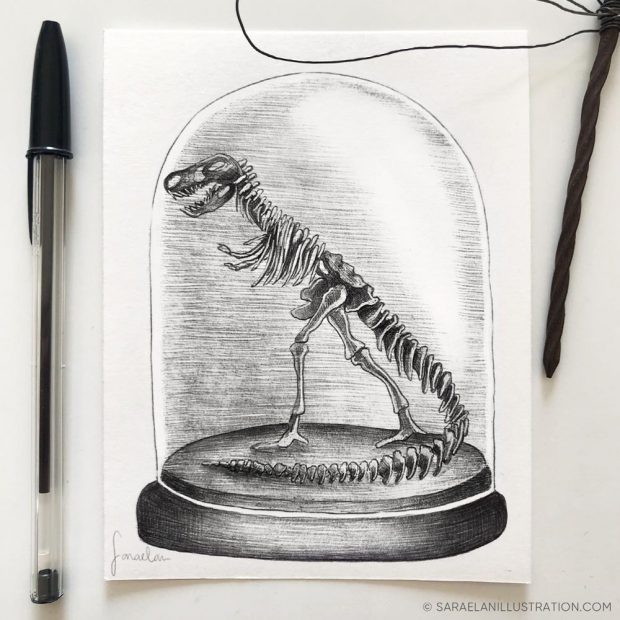 Scheletro di dinosauro sotto campana di vetro - Disegni a penna Inktober 2021 giorno 24 EXTINCT
