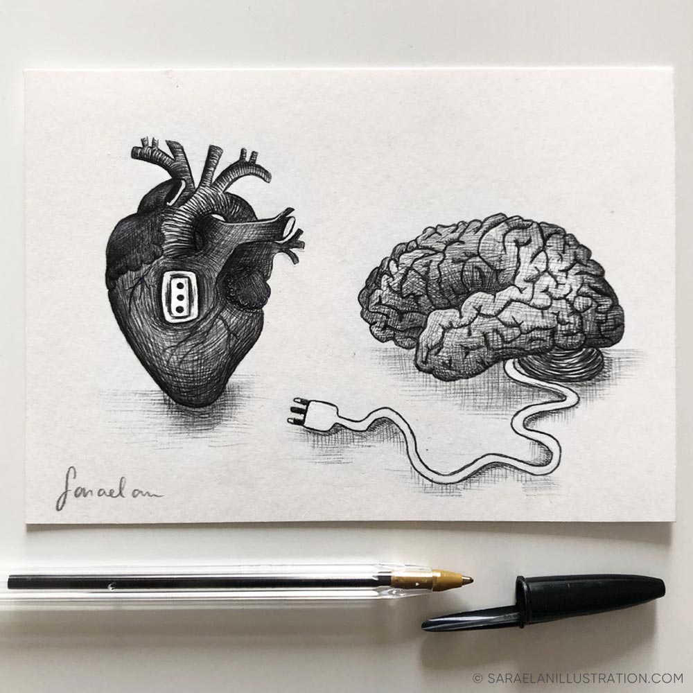 Illustrazione di cuore e cervello con presa e spina elettrica - Inktober 2021 giorno 26 CONNECT