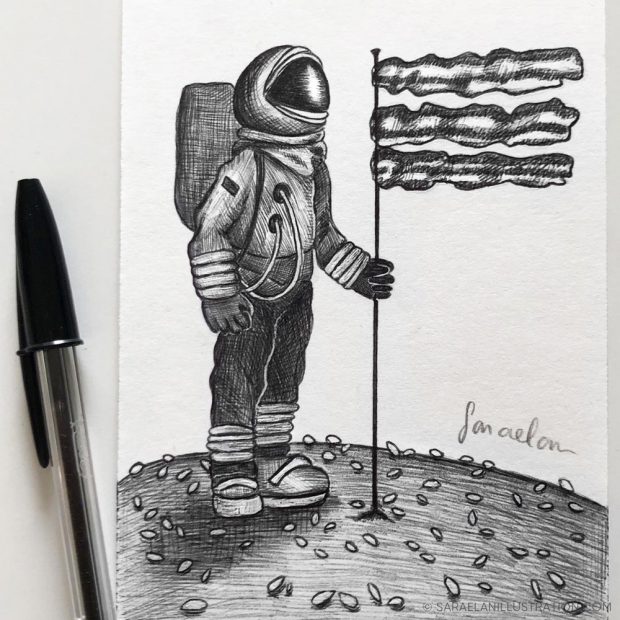 Gastronauta astronauta su una luna di hamburger- Disegni a penna Inktober 2021 giorno 28 CRISPY