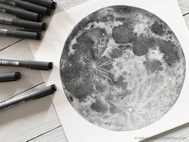 Luna piena disegnata a puntini in inchiostro con tecnica dotwork disegno originale
