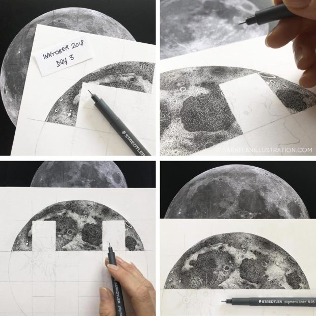 Luna piena disegnata a puntini in inchiostro con tecnica dotwork work in progress